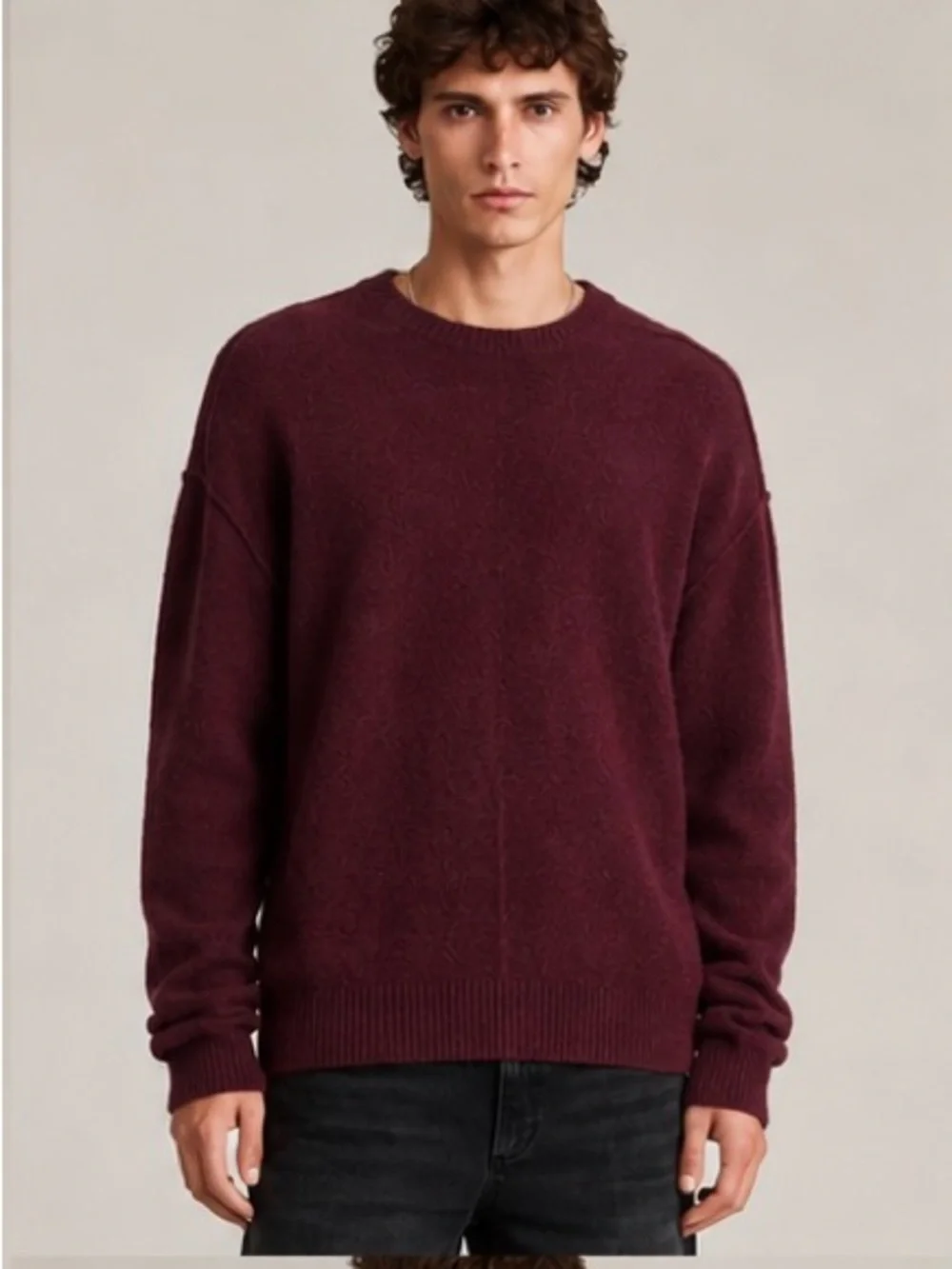 AllSaints Patern Wool Blend Crewneck Sweater Burgundy XXL Warm Quiet Luxury